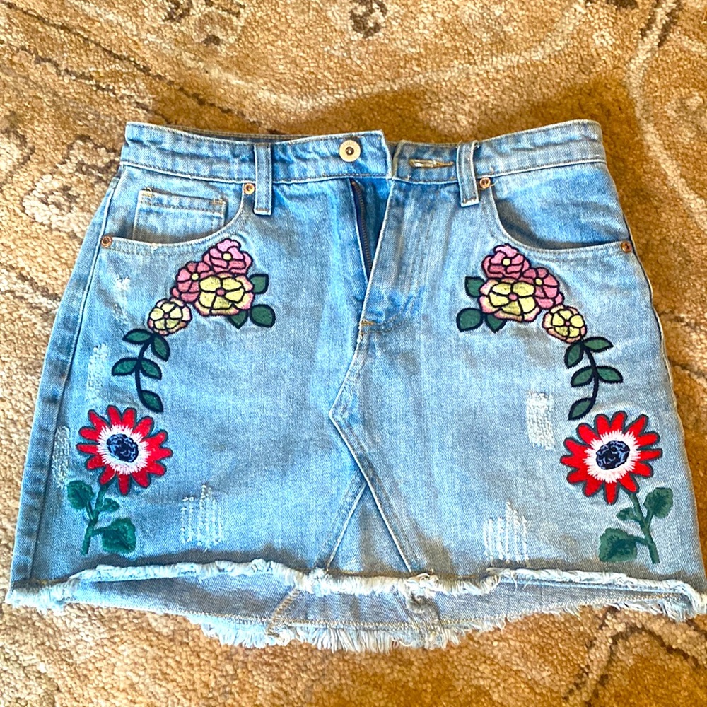 Denim Skirt with Floral Detail